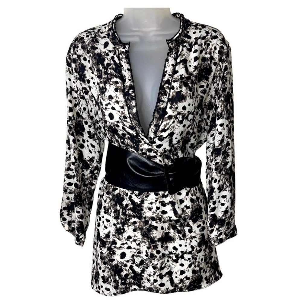 Philosophy Satin Animal Print Split Neck Top Cream Black L Work Office Evening